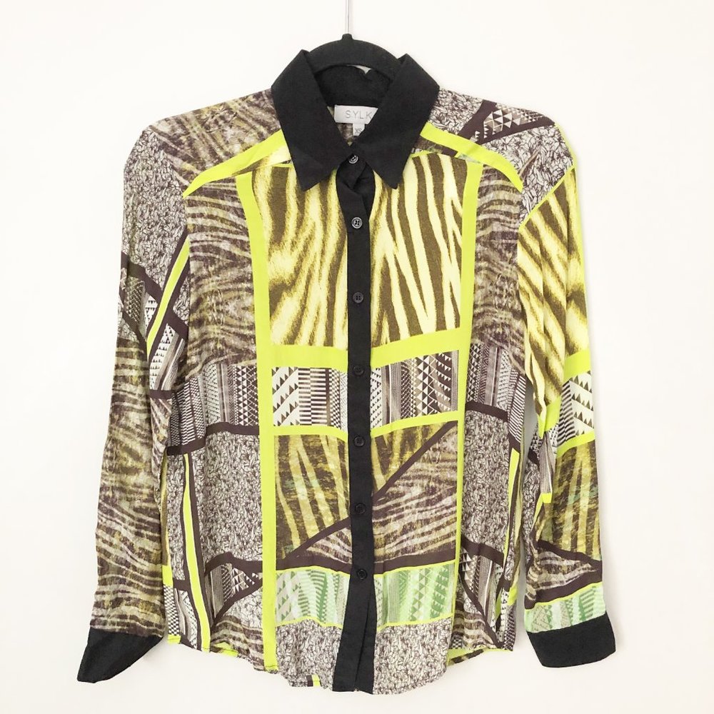 Stylish Women's Button Down Shirt - Black and Yellow by